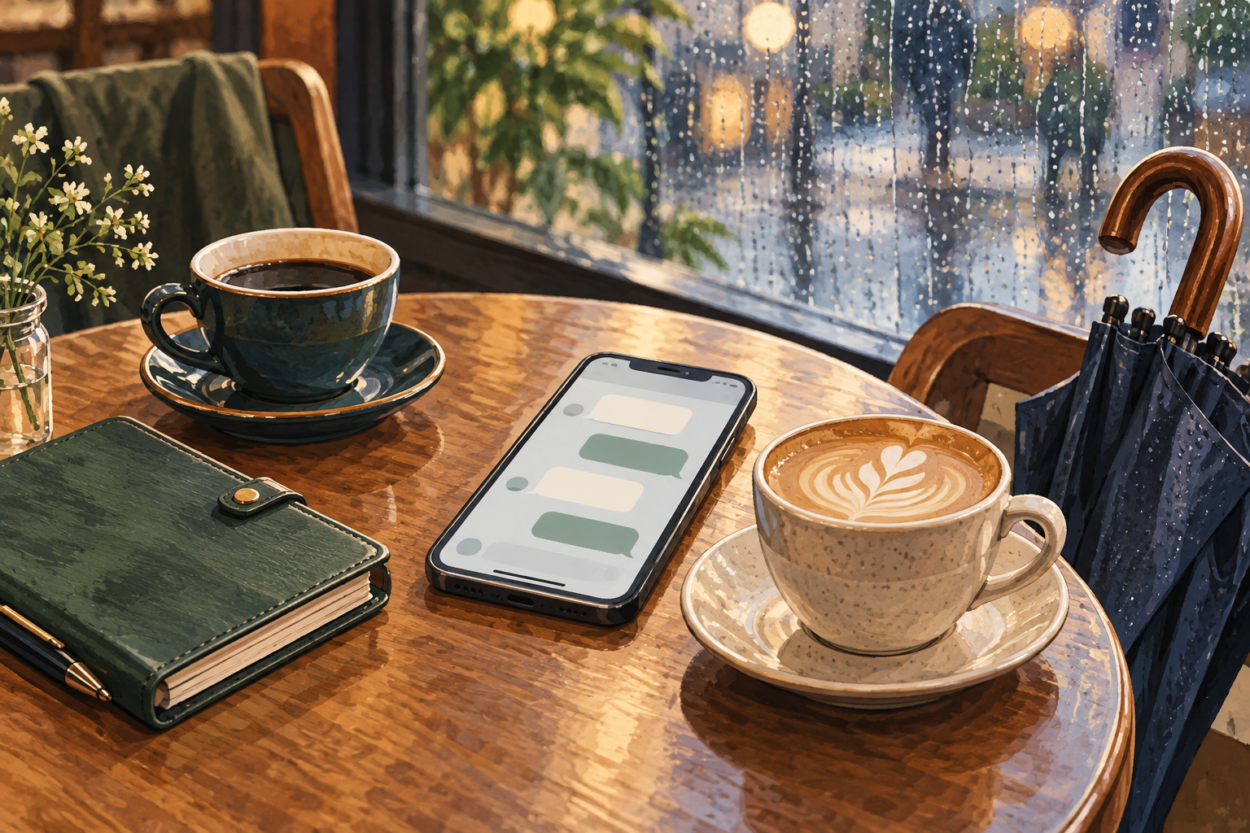 雨の日に予定変更の連絡を考えるスマートフォンと手帳のイラスト