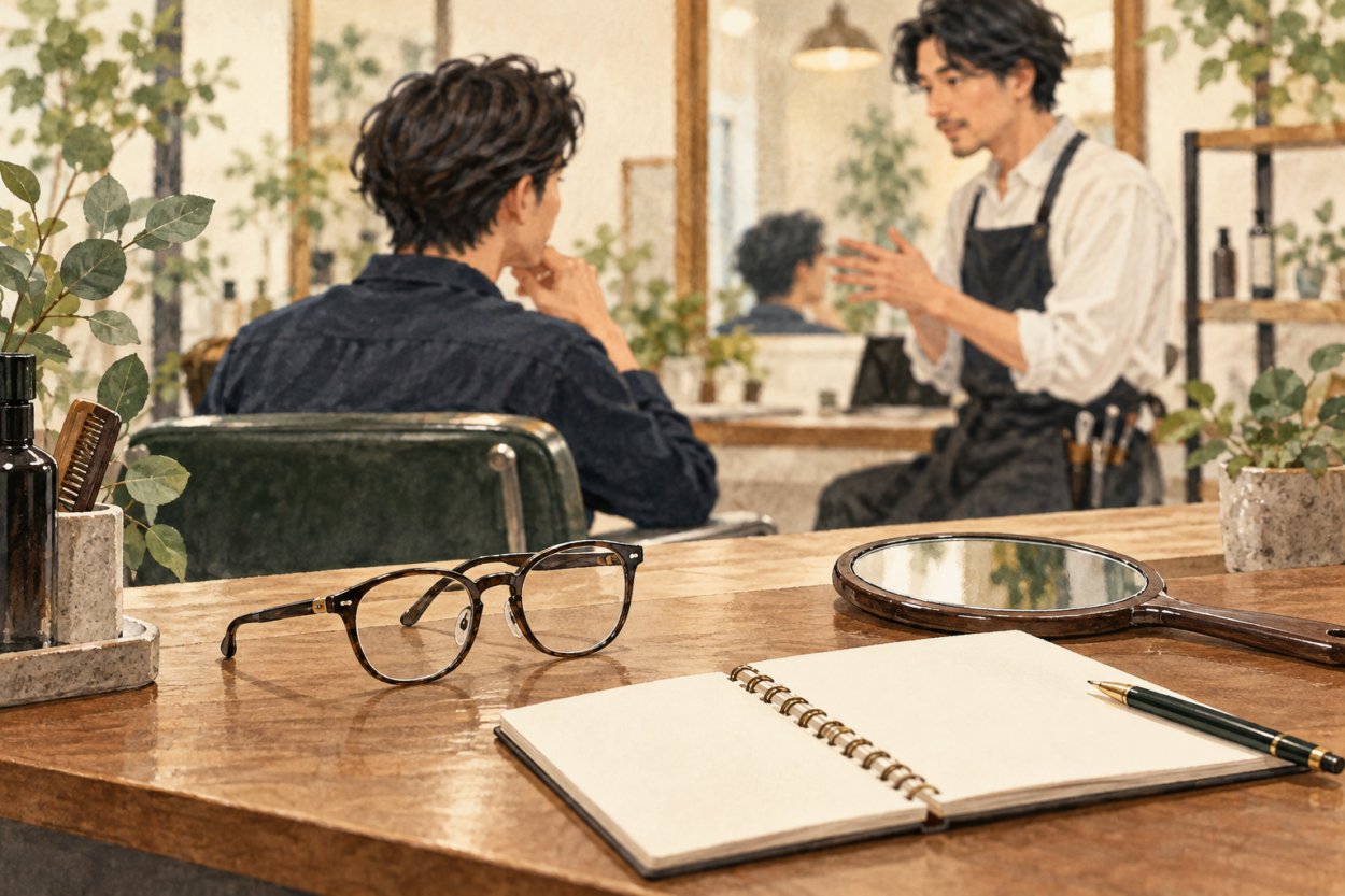 美容院のカウンターに置いた眼鏡と道具のイラスト