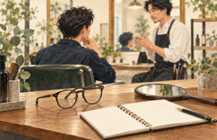 美容院のカウンターに置いた眼鏡と道具のイラスト