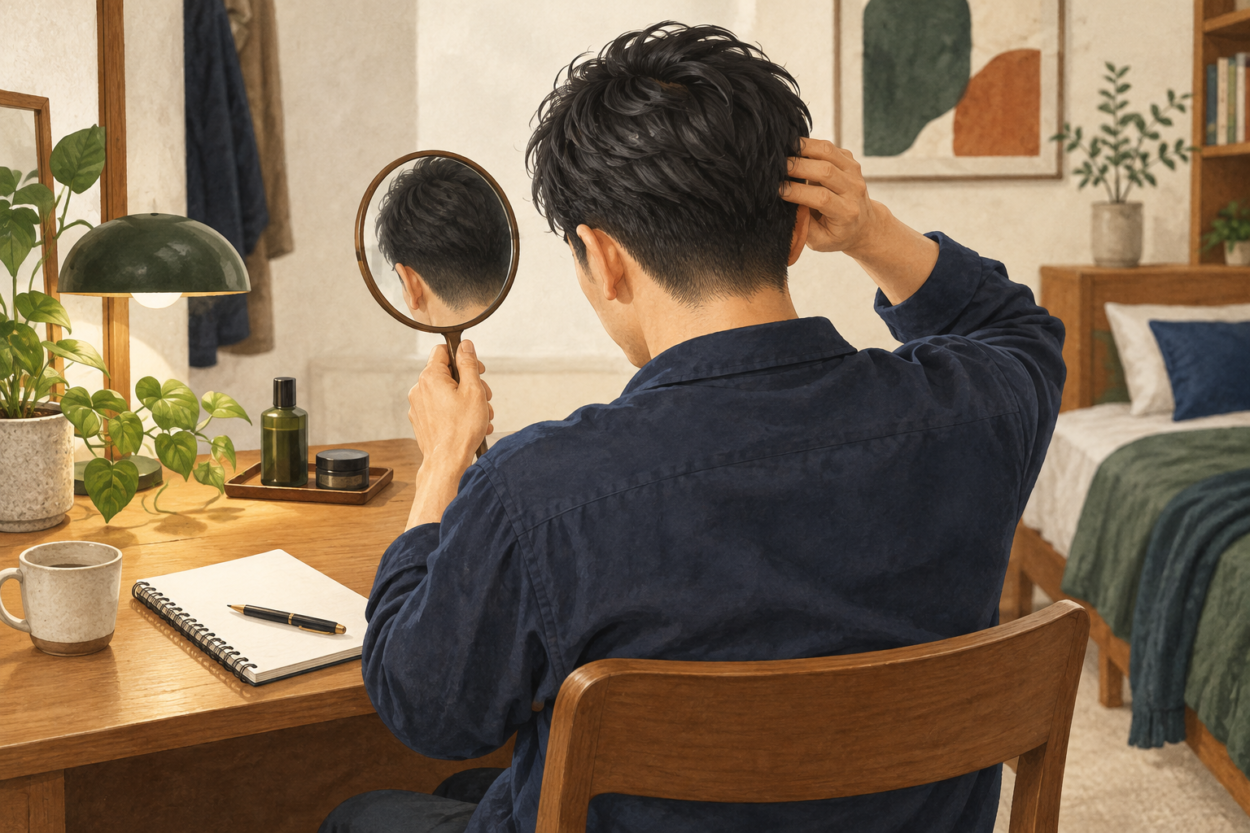 鏡で散髪後の髪型を確認する男性のイラスト