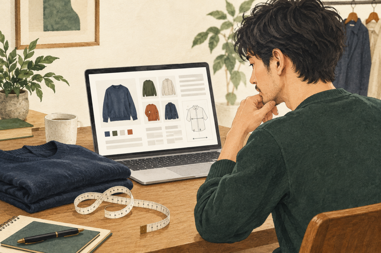 オンラインの衣服の商品情報を確認するイメージイラスト