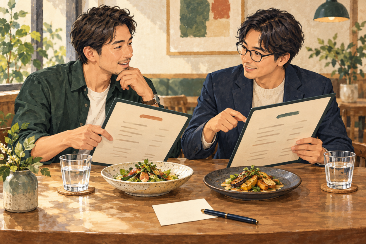 食事のメニューを相談する二人のイラスト