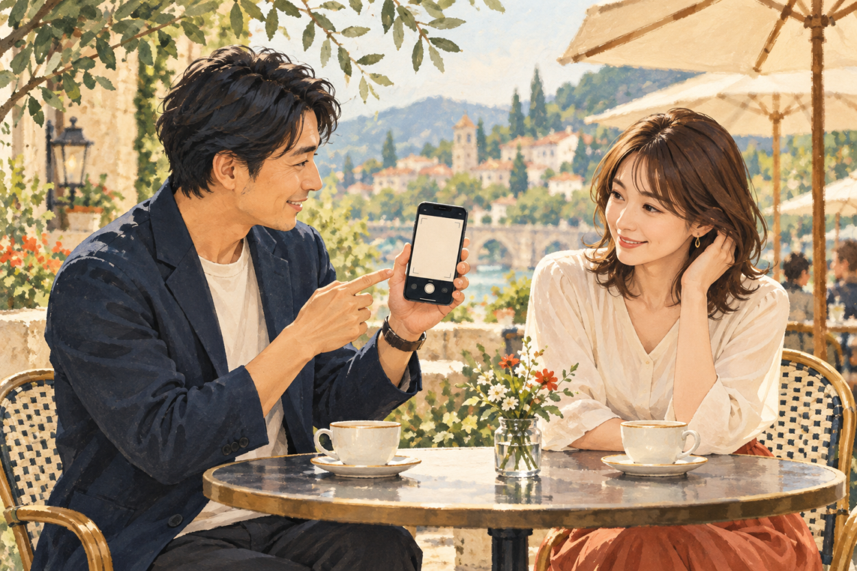 写真撮影について相手に確認する場面のイラスト