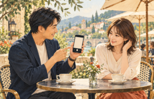写真撮影について相手に確認する場面のイラスト
