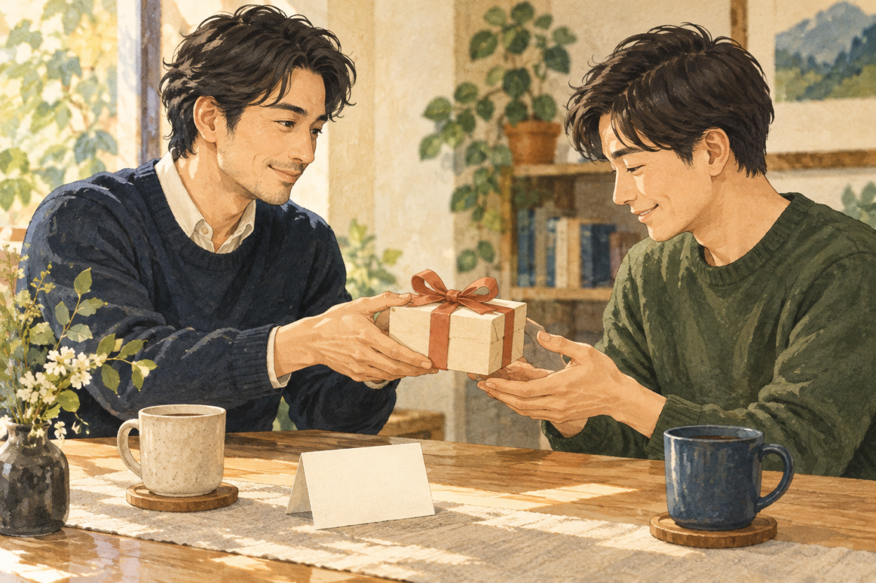 小さな贈り物を差し出す場面のイラスト