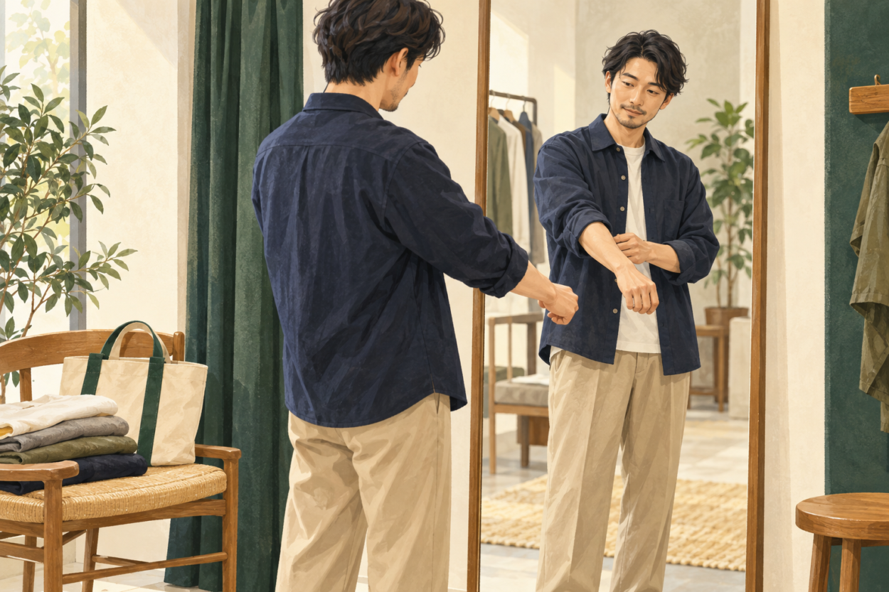 鏡の前でシャツの袖と着心地を確認する男性のイラスト