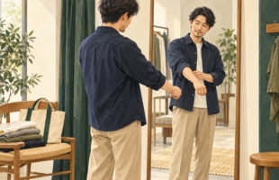 鏡の前でシャツの袖と着心地を確認する男性のイラスト