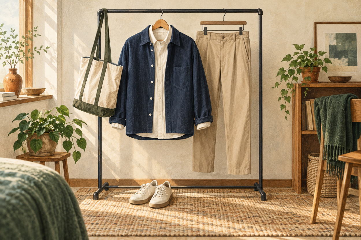手持ち服を一組に合わせたシャツとパンツと靴のイラスト