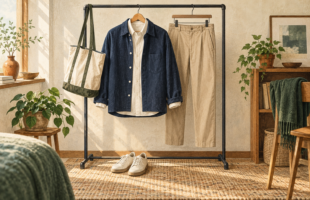 手持ち服を一組に合わせたシャツとパンツと靴のイラスト
